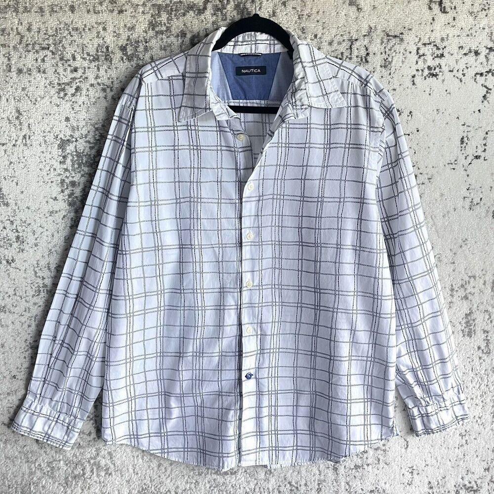 Nautica White Button Down Casual Shirt Mens Size L Black Grid Plaid Cotton